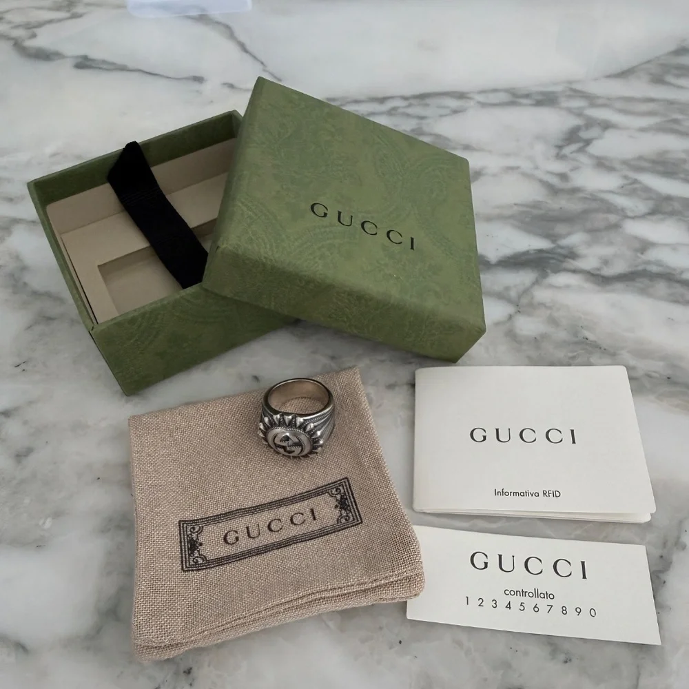 GUCCI AG925‎ Interlocking G GG Logo Ster Silver Signet Ring Size IT 13/ US 6.75